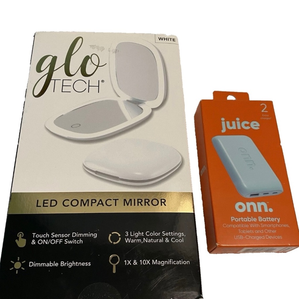 Glo Tech LED Compact Mirror USB & 10X MAG 3 Light Settings White + Onn Powerbank